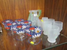 AN UNUSUAL STUDIO GLASS LEMONADE SET TOGETHER WITH A SET OF SIX FLORALLY PAINTED DESSERT DISHES