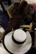 A BOX OF LADIES VINTAGE FUR STOLES ETC TOGETHER WITH A COLLECTION OF VINTAGE LADIES HATS