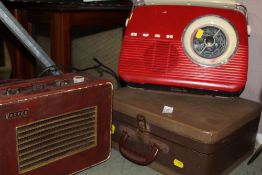 A VINTAGE HACKER RADIO TOGETHER WITH A BUSH EXAMPLE AND HANDYGRAM RECORD PLAYER