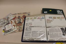 TWO FOLDERS OF FIRST DAY COVERS, TOGETHER WITH COMMEMORATIVE HANDKERCHIEFS ETC/.