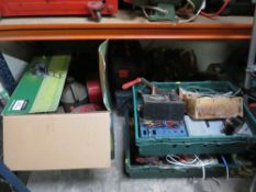 TWO TRAYS OF ELECTRICALS, TWO TOOL BOXES AND CONTENTS AND A LARGE BOX OF OIL CANS