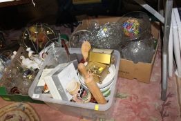 THREE TRAYS OF ASSORTED GLASSWARE, CERAMICS ETC. TO INCLUDE PAPERWEIGHTS