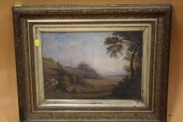 A 19TH CENTURY GILT FRAMED OIL ON BOARD OF A COASTAL SCENE WITH CASTLE BY P VAN DYKE BROWNE