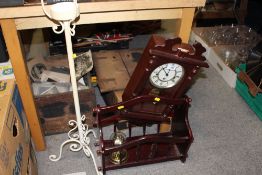 A WESTFIELD REPRODUCTION WALL CLOCK TOGETHER WITH A GLASS DOMED CLOCK, MAGAZINE RACK AND A STAND (