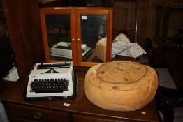 AN EASTERN POUFFE, PINE CABINET AND VINTAGE TYPEWRITER
