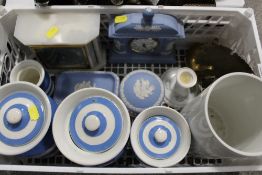 A BOX OF CERAMICS TO INCLUDE T.G. GREEN STORAGE JARS, WEDGWOOD JASPERWARE CLOCK ETC.