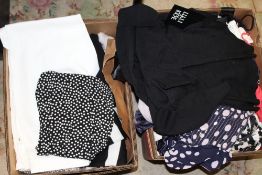 TWO TRAYS OF MOSTLY MODERN LADIES CLOTHING TO INCLUDE EUGEN KLIEN, JACQUES VERT ETC.