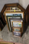 A QUANTITY OF LOWRY PRINTS AND AN OAK FRAMED MIRROR