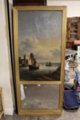 A 19TH CENTURY OIL ON CANVAS OF A FRENCH ESTUARY HARBOUR SCENE WITH MIRROR PANEL BELOW IN GILT