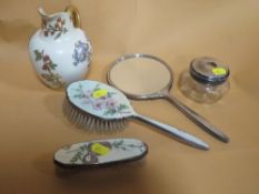 A ROYAL WORCESTER BLUSH IVORY JUG A/F TOGETHER WITH A COLLECTION OF ENAMELLED DRESSING TABLE ITEMS