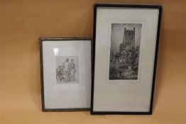 A FRAMED AND GLAZED PEN AND INK SKETCH OF AN INTERIOR SCENE WITH FIGURES TOGETHER WITH A PRINT OF