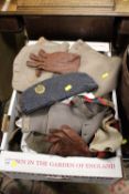 A TRAY OF MILITARY UNIFORM ITEMS TO INCLUDE AN RAF CAP, GLOVES ETC