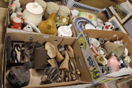 THREE TRAYS OF ASSORTED CERAMICS, TOGETHER WITH A TRAY OF VINTAGE METALWARE, SHOE LASTS ETC. (4)