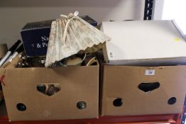 TWO TRAYS OF ASSORTED HOUSEHOLD SUNDRIES TO INCLUDE A BESWICK HORSE A/F, GLASS PAPERWEIGHTS, RECORDS