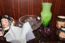 A CUT GLASS FRUIT BOWL MARKED WITH 'M' TO BASE TOGETHER WITH TWO STUDIO FRILLED GLASS BOWLS AND A