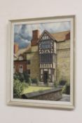 A FRAMED OIL ON CANVAS DEPICTING A TUDOR BUILDING, SIGNED A.S. PHILLIPS 1975