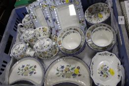 A LARGE TRAY OF MINTON HADDON HALL TRELLIS BLUE CERAMICS TO INCLUDE DISHES, SUGAR BOWLS ETC.
