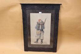 J.C. HILL. Study of an infantryman with backpack and rifle etc, signed and dated 1914 lower left,
