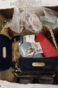 A TRAY OF COLLECTABLES TO INCLUDE VINTAGE SPECTACLES, STAMPS ETC.