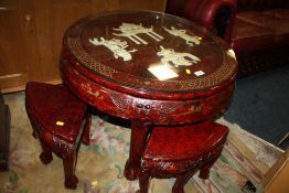 AN ORIENTAL RED LACQUERED NEST OF FIVE TABLES, DIA. 78 CM