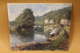 R.G.TROW (XX). Modern British school .Mill on the Avon' with boats and figures, see verso, signed