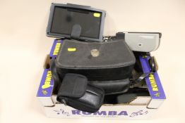 A BOX OF VINTAGE CAMERAS, TOGETHER WITH A MODERN TABLET