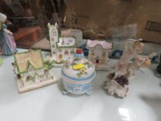 THREE COALPORT FIGURES OF BUILDINGS TOGETHER WITH A FLORAL TRINKET POT AND A CAPE DI MONTE FIGURE OF