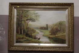 A LARGE GILT FRAMED OIL ON CANVAS ENTITLED 'FOUNTAINS ABBEY - YORKSHIRE' BY E M JAMESON