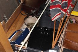 A TRAY OF COLLECTABLES TO INCLUDE BINOCULARS, SWAGGER STICK, SMALL VINTAGE FLAGS ETC.