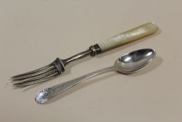A HESTER BATEMAN BRIGHT CUT TEASPOON TOGETHER WITH A GEORGIAN SILVER AND MOTHER OF PEARL FORK