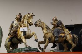 A PAIR OF SPELTER STYLE WARRIOR FIGURES OF HORSEBACK A/F