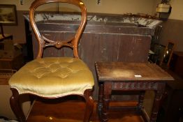 AN ANTIQUE BEDROOM CHAIR TOGETHER WITH A SMALL OAK STOOL (2)