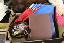 A BOX OF KNITTING AND SEWING ACCESSORIES, PATTERNS ETC