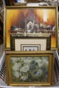 A BOX OF PICTURES TO INCLUDE A HARBOUR SCENE OIL ON CANVAS SIGNED MAX SAVY AND A WATERCOLOUR OF A