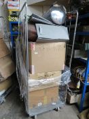 A CAGE OF ASSORTED HOUSEHOLD ITEMS, SUNDRIES AND TOYS