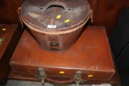 A VINTAGE REVELATION LEATHER SUITCASE TOGETHER WITH A LEATHER HAT BOX
