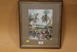 A FRAMED GLAZED WATERCOLOUR OF FIGURES FISHING SIGNED CHENK