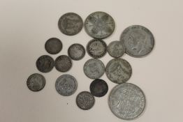 A BAG OF SILVER AND WHITE METAL COINAGE