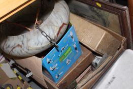 A BOX OF ASSORTED COLLECTABLES TO INCLUDE VINTAGE GAMES, GLASS CEILING LIGHT ETC.