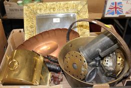 TWO TRAYS OF ASSORTED METALWARE TO INCLUDE A BP OIL CAN, BRASS JAM PAN, MIRROR ETC.