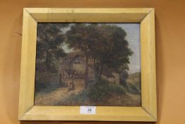 A SMALL GILT FRAMED OIL ON CANVAS DEPICTING A RURAL SCENE WITH COTTAGE AND HORSE AND CART