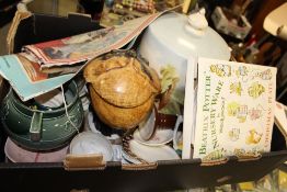 A TRAY OF ASSORTED CERAMICS TO INCLUDE A VICTORIAN STYLE HAND PAINTED CHEESE DOME, VOGUE CANVAS
