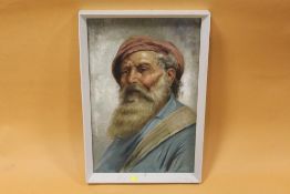A VINTAGE FRAMED OIL ON BOARD PORTRAIT STUDY OF A BEARDED GENTLEMAN IN A RED HAT SIGNED ROSSI