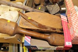 AN ABORIGINAL TREEN BLOWPIPE, BOOMERANG AND COOLMAN BOWL, TOGETHER WITH A POLYNESIAN DOUBLE