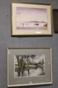 TWO FRAMED AND GLAZED WATERCOLOURS DEPICTING SHIPS AT SEA AND A RIVER SCENE