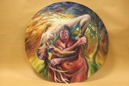 A LARGE CIRCULAR OIL ON BOARD ABSTRACT