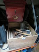 A MODERN METAL POSTBOX TOGETHER WITH A BOX OF HAND TOOLS