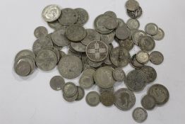 A BAG OF SILVER AND WHITE METAL COINAGE TO INCLUDE FLORINS