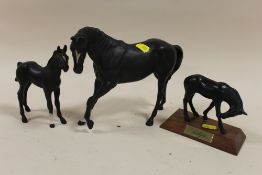 A BESWICK BLACK BEAUTY HORSE FIGURE, TOGETHER WITH FOAL AND ANOTHER ENTITLED SUNLIGHT (3)