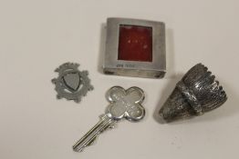 A HALLMARKED SILVER MINIATURE PICTURE FRAME, CEREMONIAL KEY ETC